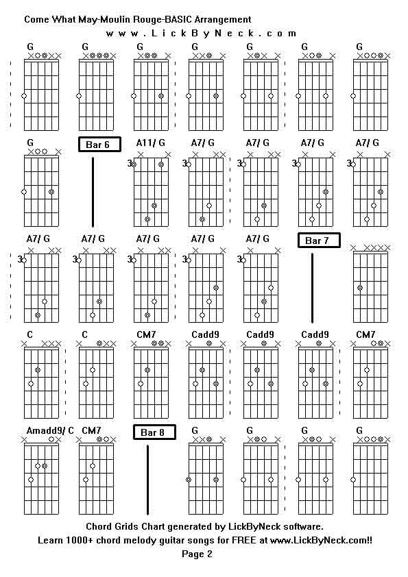Chord Grids Chart of chord melody fingerstyle guitar song-Come What May-Moulin Rouge-BASIC Arrangement,generated by LickByNeck software.